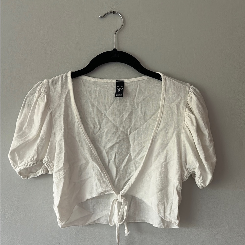 Windsor White Puff Sleeve Tie-Front Blouse